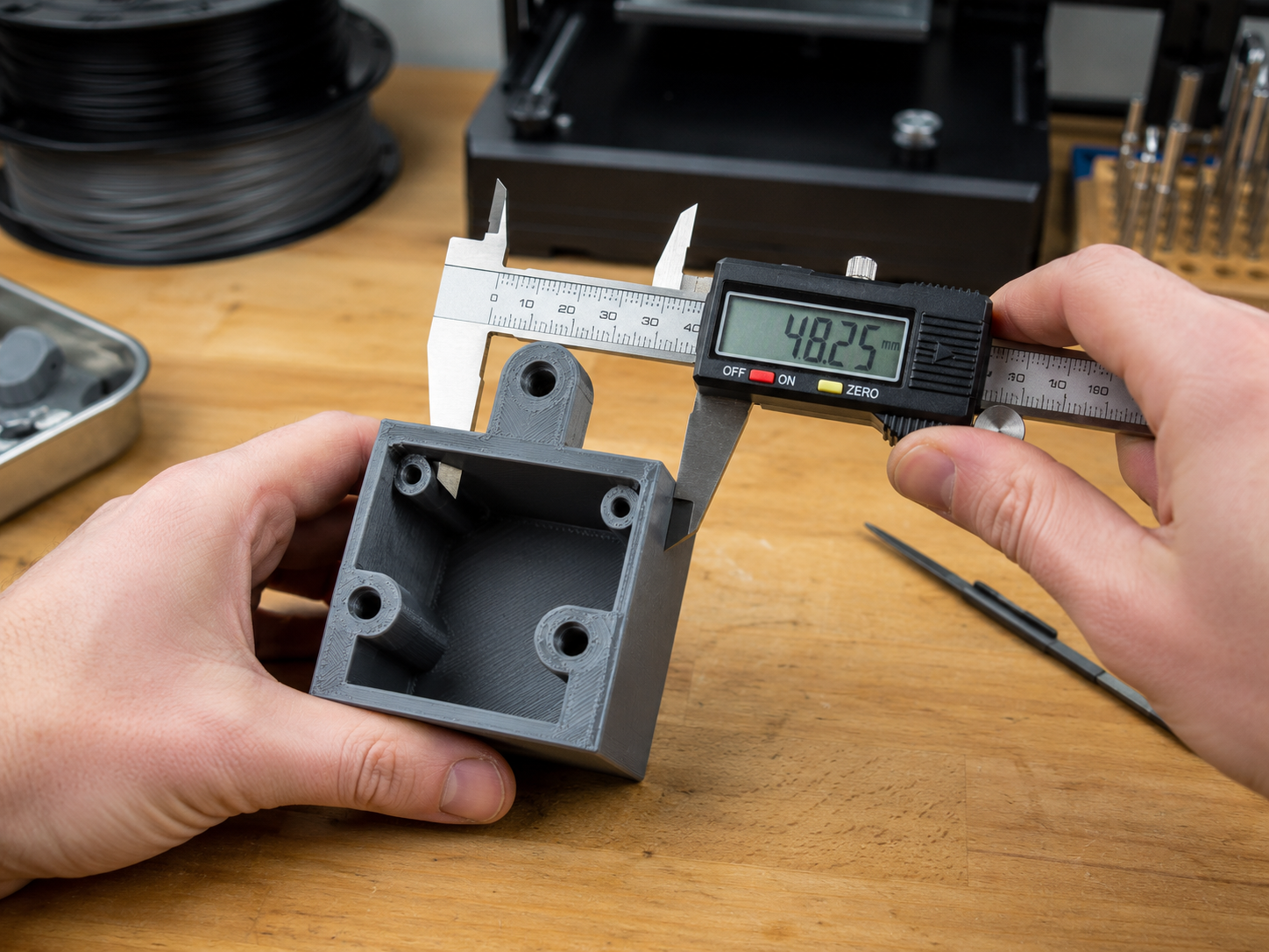 Pied à coulisse numérique utilisé pour mesurer une pièce imprimée en 3D