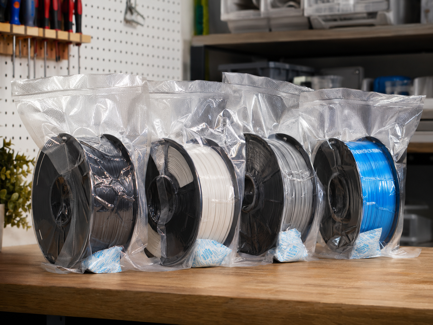 Bobines de filament stockées dans des sacs hermétiques avec dessiccant