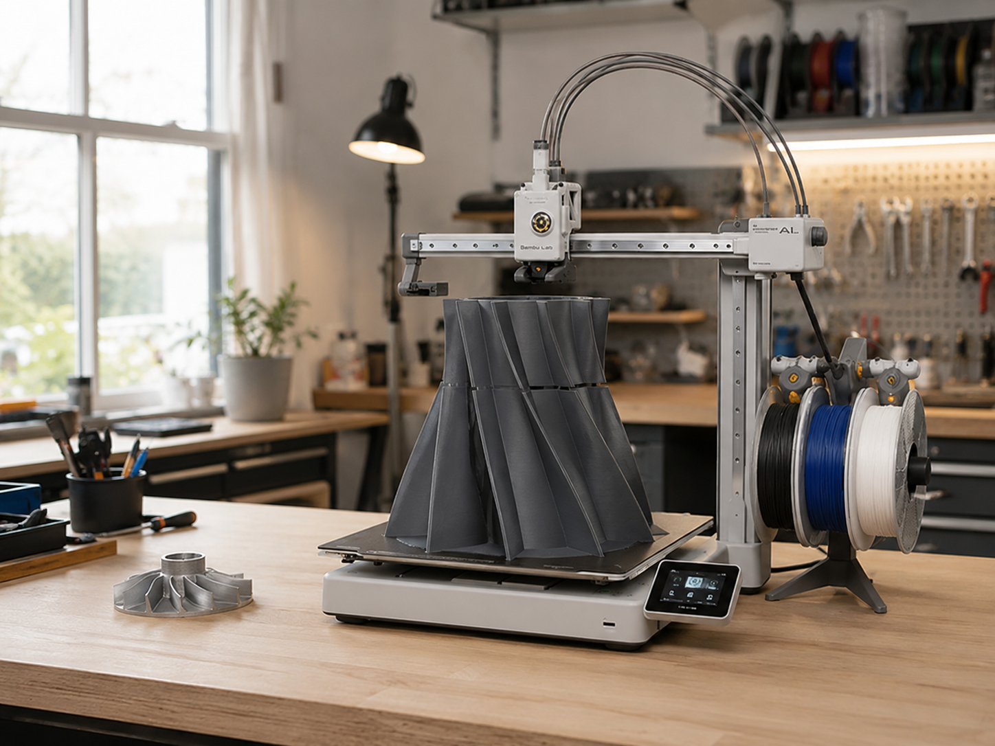 Atelier d’impression 3D avec Bambu Lab A1 et AMS Lite imprimant une grande pièce