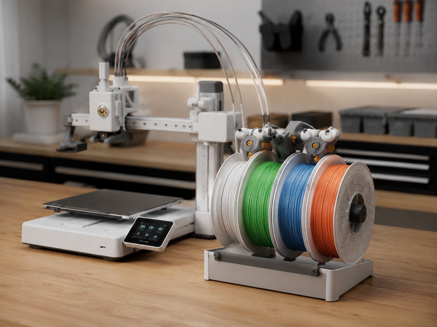 Bambu Lab A1 avec AMS Lite et plusieurs bobines de filament multicolores