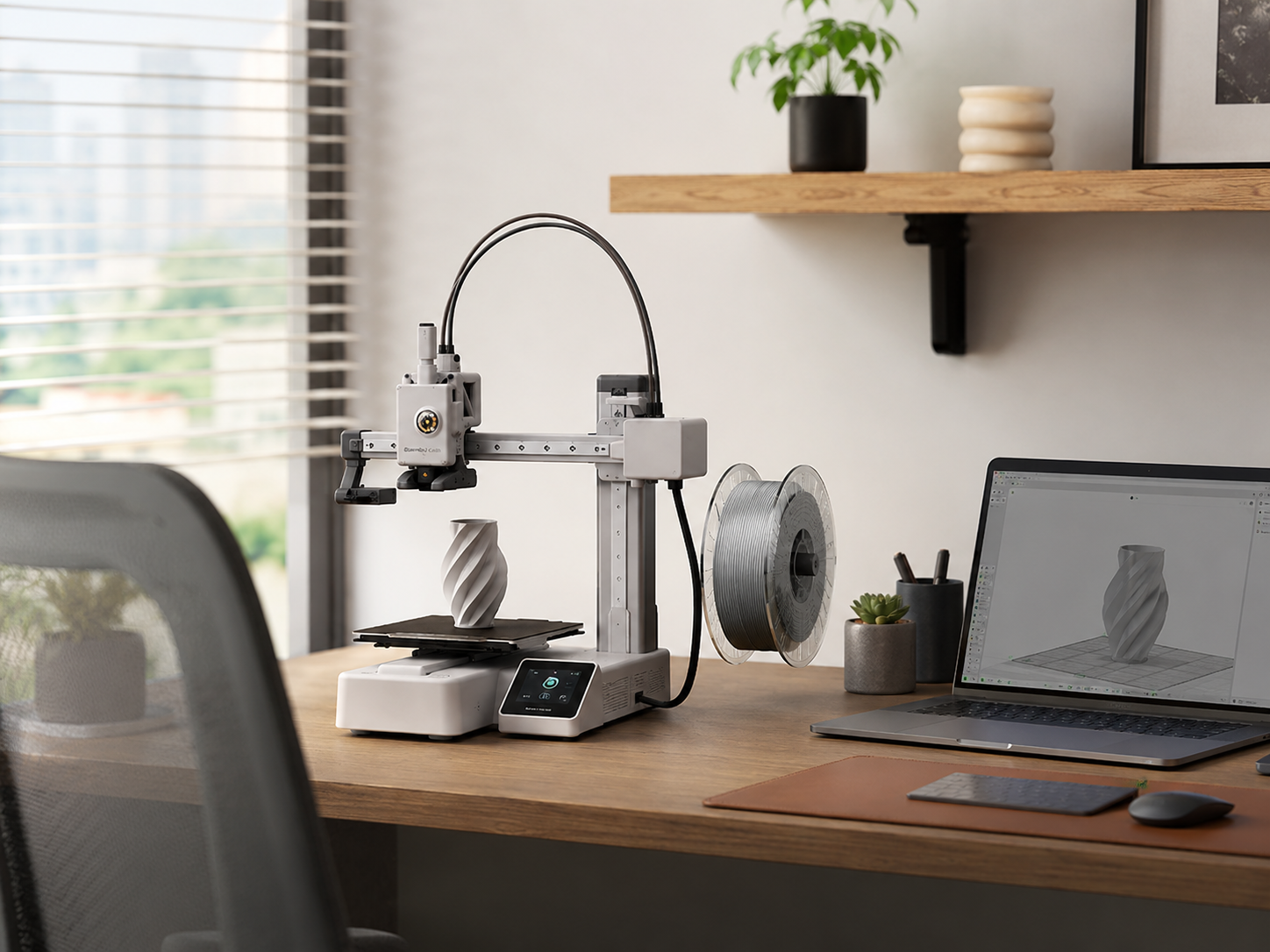 Bambu Lab A1 Mini sur un bureau avec ordinateur portable dans un espace de travail moderne