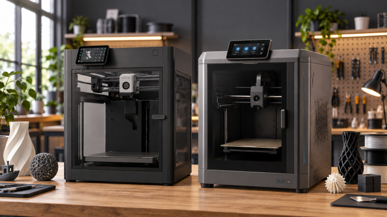 Comparatif de deux imprimantes 3D dans un atelier moderne, avec une Bambu Lab P1S mise en avant dans un environnement réaliste