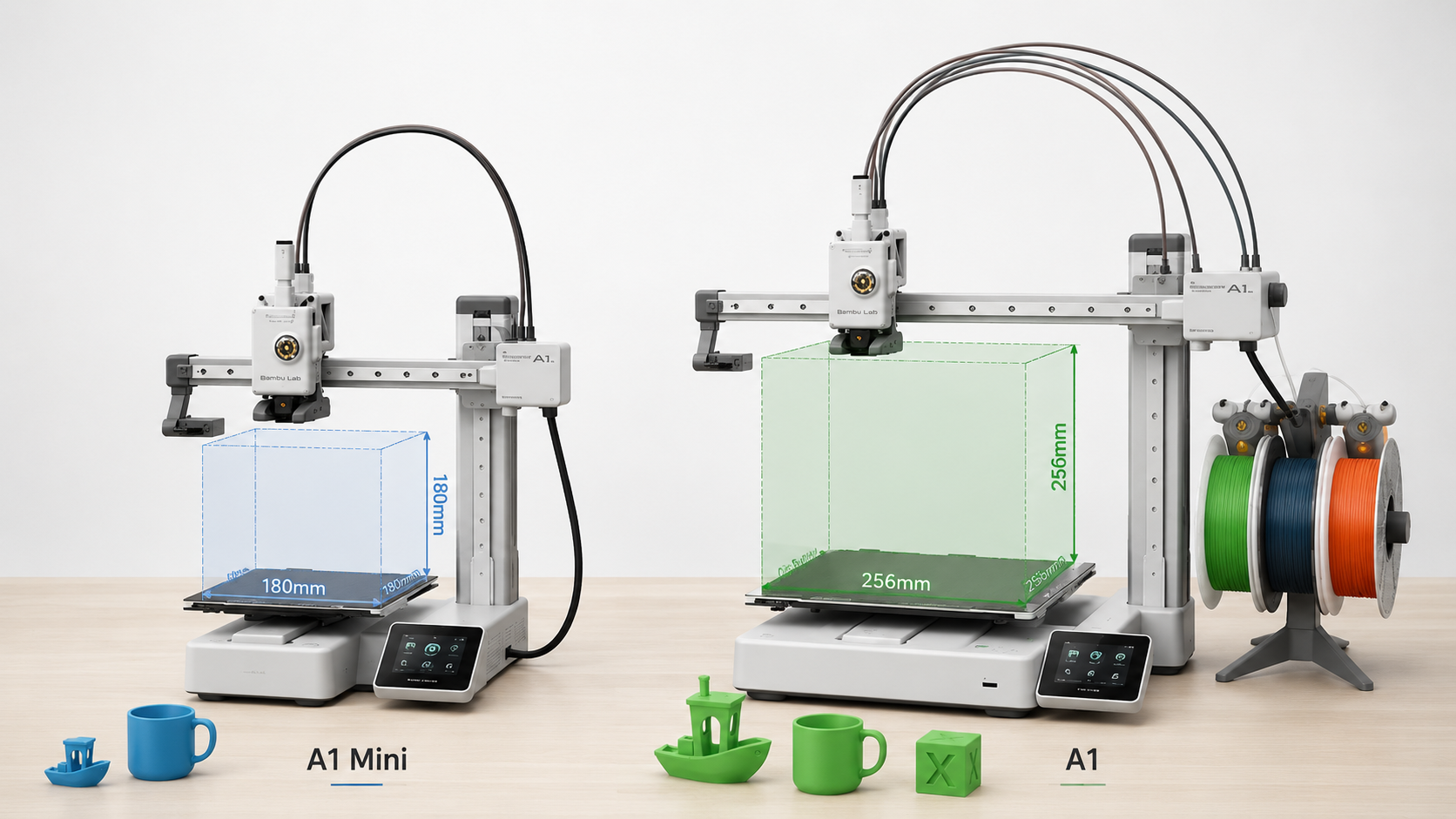 Comparatif Bambu Lab A1 Mini et Bambu Lab A1 avec visualisation du volume d’impression
