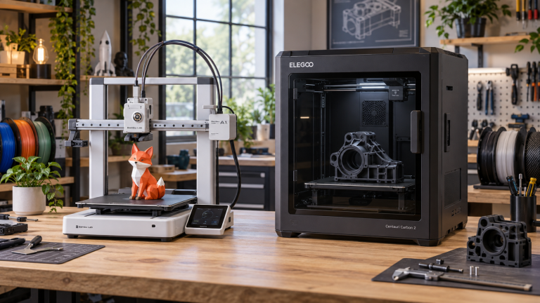 Bambu Lab A1 à gauche et Elegoo Centauri Carbon 2 à droite dans un atelier d’impression 3D