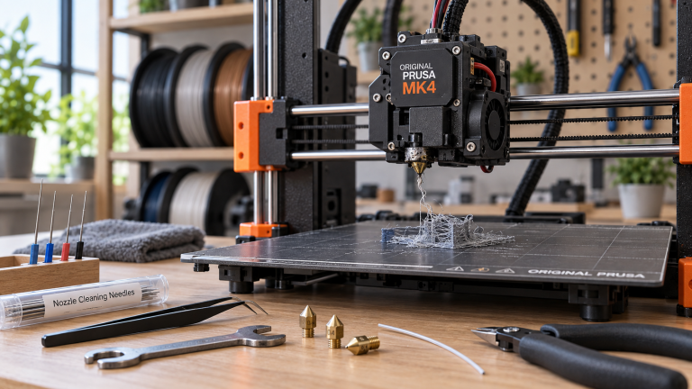 imprimante 3D avec la tête d’impression - buse au premier plan, un filament qui n’extrude plus correctement et accessoires de nettoyage.
