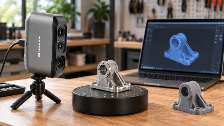 Scanner 3D 3DMakerpro Moose Lite numérisant une pièce mécanique pour la reproduire en impression 3D