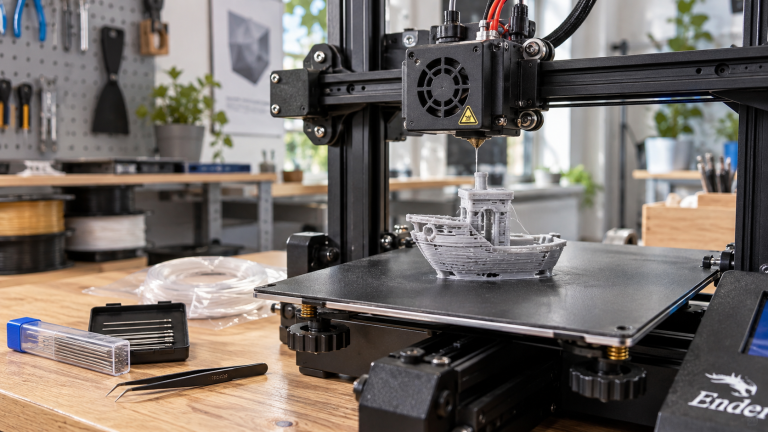 Impression 3D avec sous-extrusion : pièce aux parois incomplètes et lignes manquantes, imprimante 3D et accessoires de nettoyage dans un atelier.