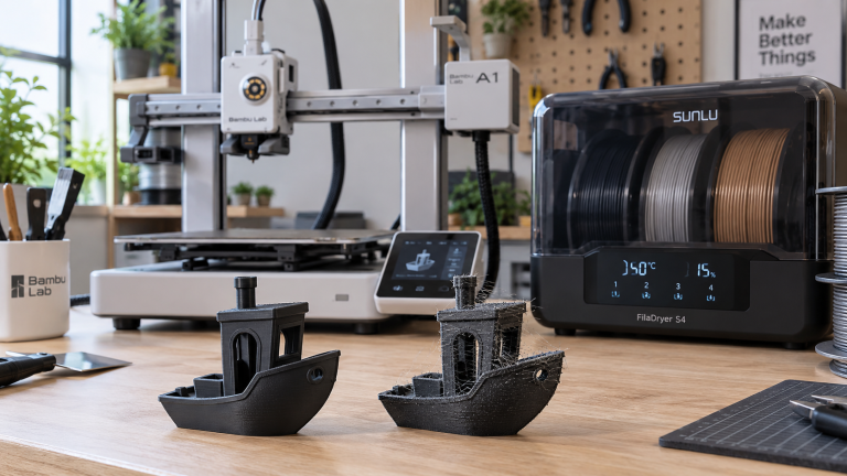 Stringing sur une impression 3D avec SUNLU FilaDryer S4 en arrière-plan