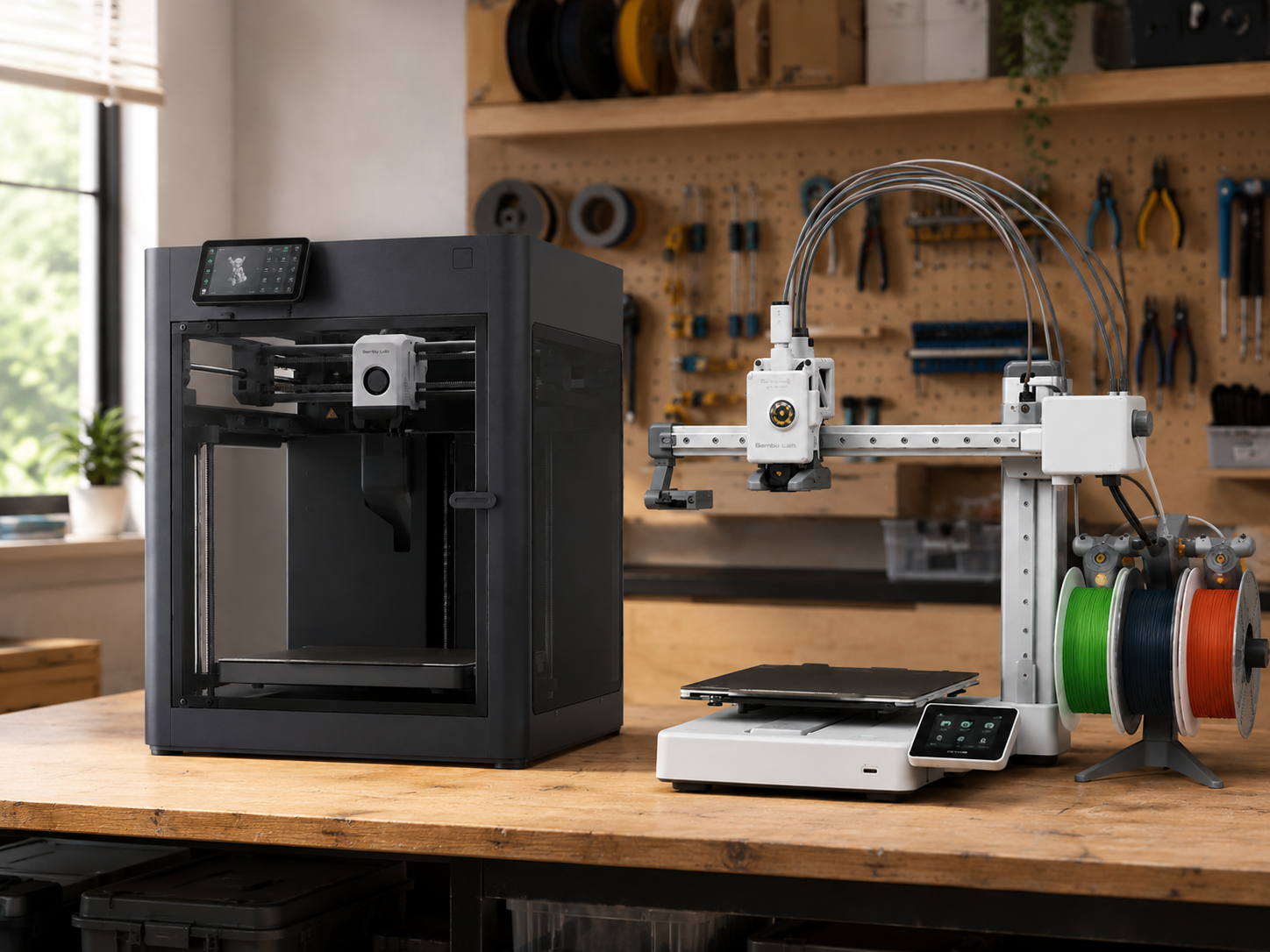 une Bambu Lab A1 et une Bambu Lab P1S côte à côte dans un atelier